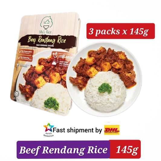 Beef Rendang Rice Travel Instant Meal (3 packs) + FREE Gift + Fast DHL Express